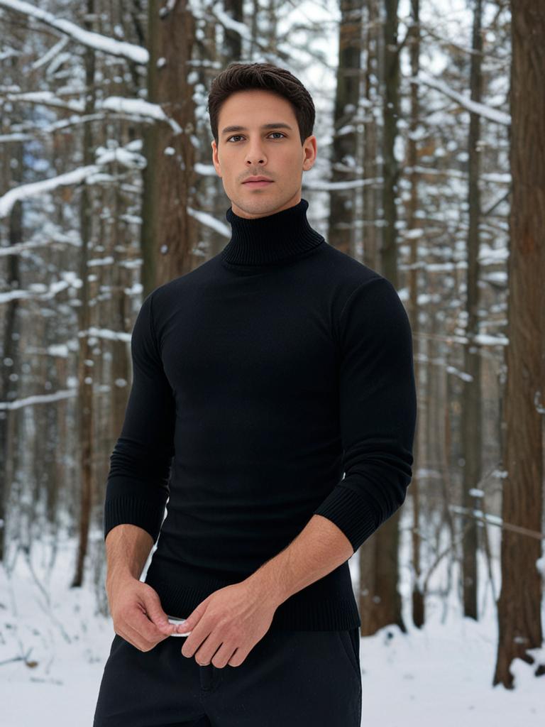 Dieser schwarze Strickpullover hat einen hohen Kragen
